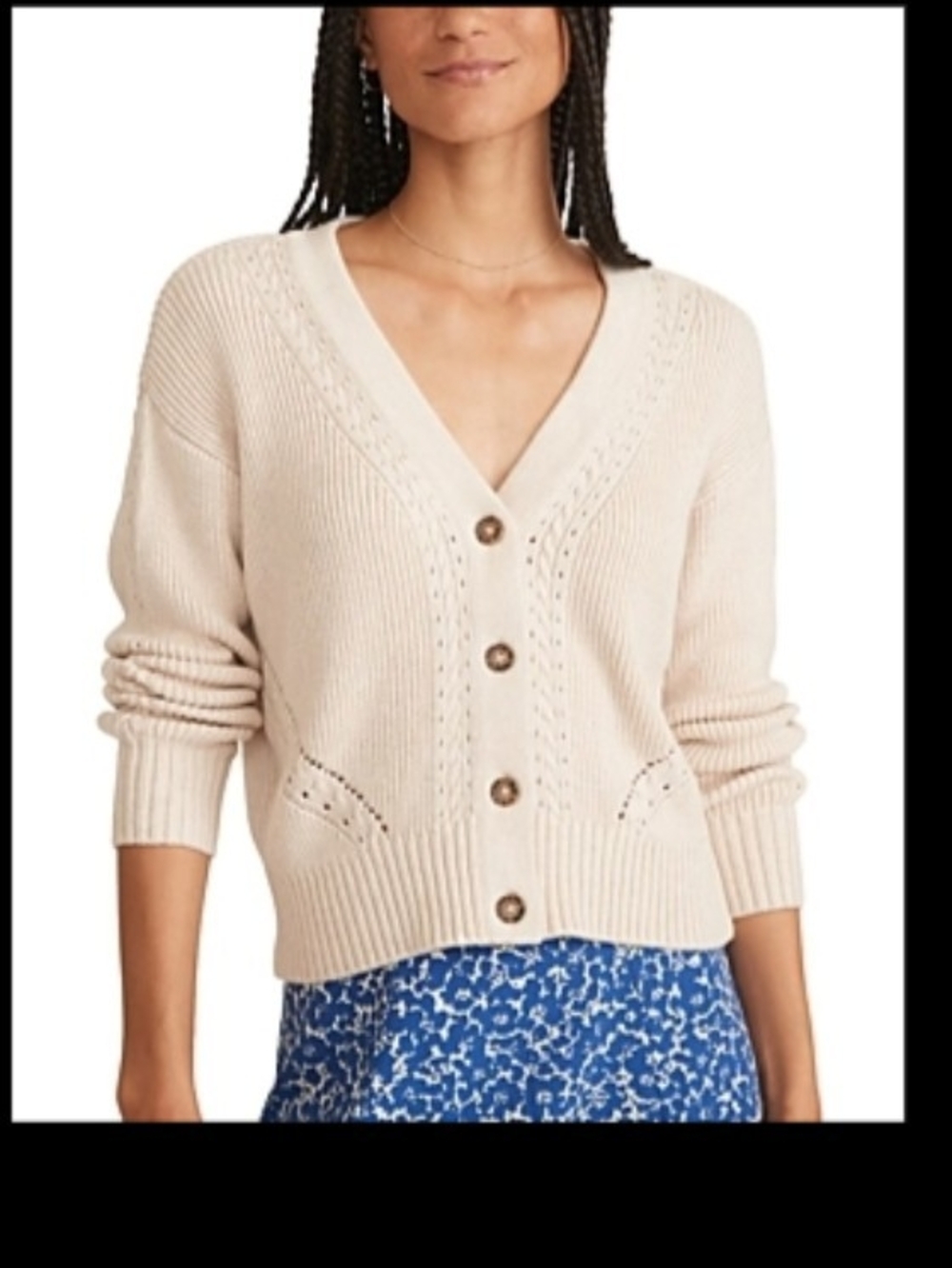 Marine Layer Cream Robin Cropped V-Neck Button Small Cotton Blend Cardigan